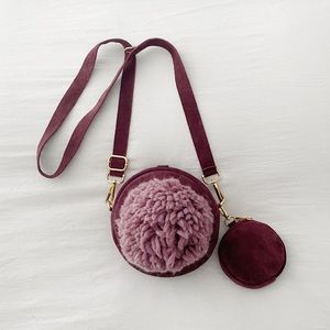 TSD12 Suede Leather Pompom Circle Crossbody Bag in Maroon